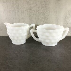Hazel Atlas Cubed Cream and Sugar Set Vintage White Cubist Pattern
